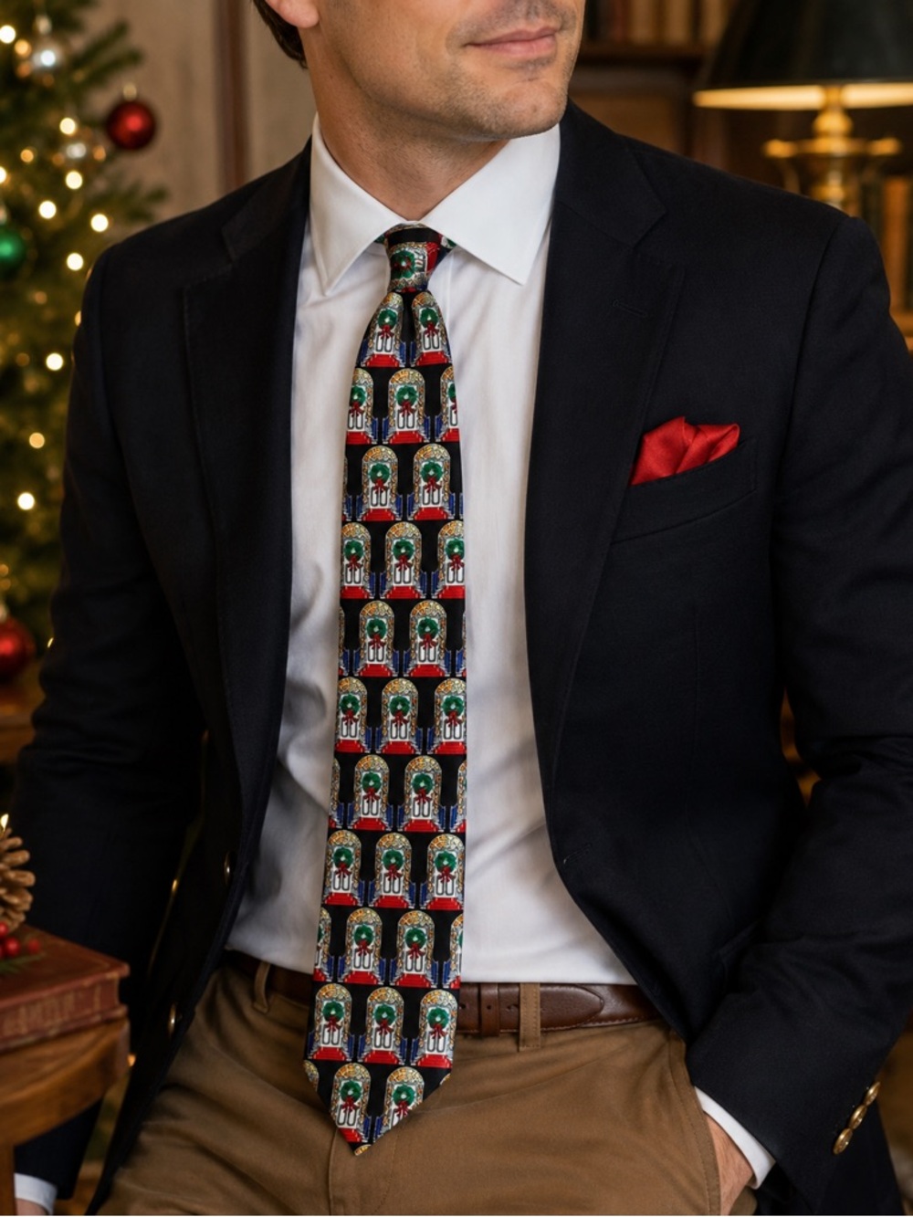 Holiday Traditions Hallmark Men’s Tie Black Christmas Wreath Silk 1996 3.5”